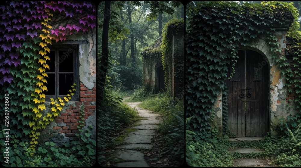 Obraz premium Collage shows old building facade with ivy colorful leaves. Winding stone path goes into lush green forest toward weathered doorway and ancient brick structure overgrown with plants.
