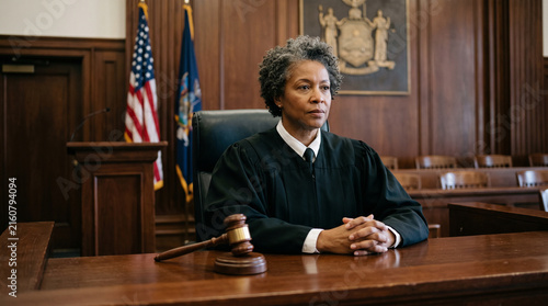 Female judge sitting in a courtroom. Professional magistrate presiding with a wooden gavel.