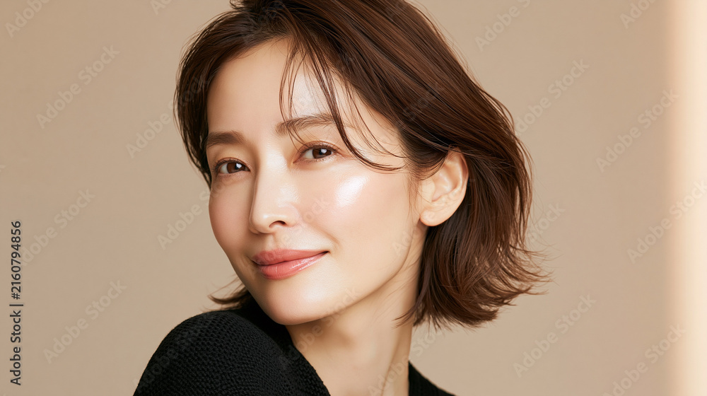Naklejka premium 日本人, 女性, 50代, 40代, ミドル, シニア, 美容, スキンケア, エイジングケア, 健康, ライフスタイル, 美人, ナチュラル, 清潔感, 透明感, 白背景, コピースペース, 広告素材, 信頼感, 微笑み, ウェルビーイング, 上半身, 視線, ポニーテール, 化粧品, エステ, 自己肯定感, オーセンティック, ポジティブエイジング, 日本, ウェルエイジング, サプリメント,