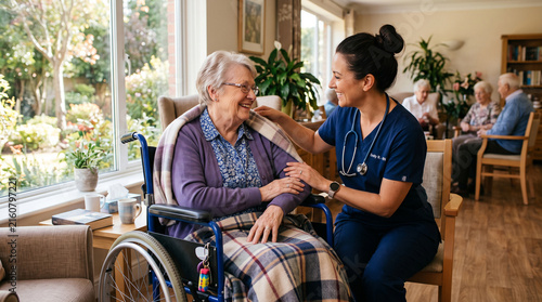 Nurse caring for senior woman in wheelchair. Caregiver assisting elderly patient indoors.