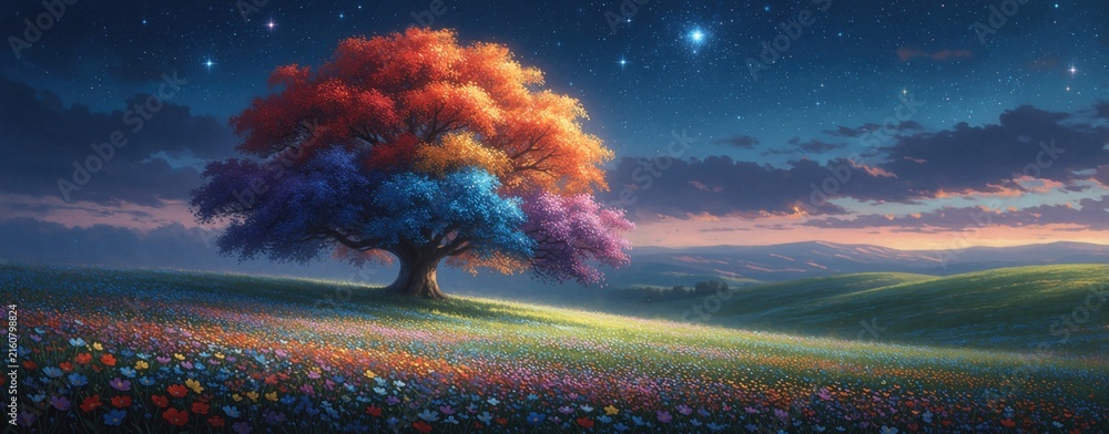 Fototapeta premium Fantasy tree with rainbow foliage on hill with blooming flowers at starry night sky. Peaceful landscape with soft clouds and distant hills. Magical nature scene.