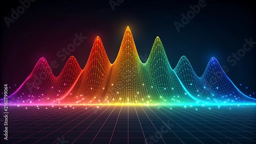 Vibrant 3D data visualization of colorful light waves representing complex frequency analysis and analytics
