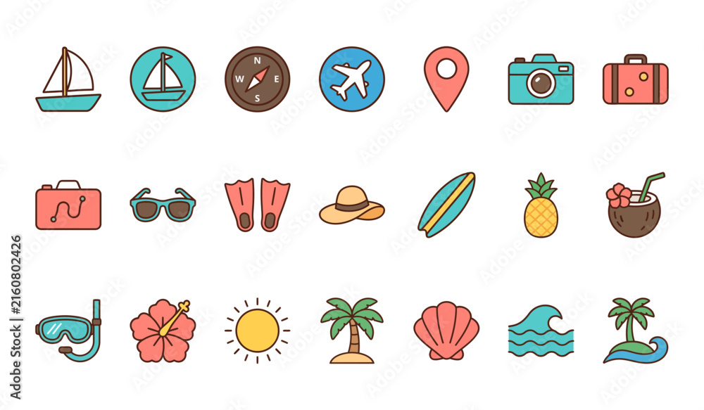 Fototapeta premium Set of colorful summer vacation and travel icons including beach items and tropical symbols