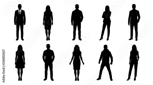 Professional collection of diverse business people silhouettes presented in a clean black flat vector graphic design