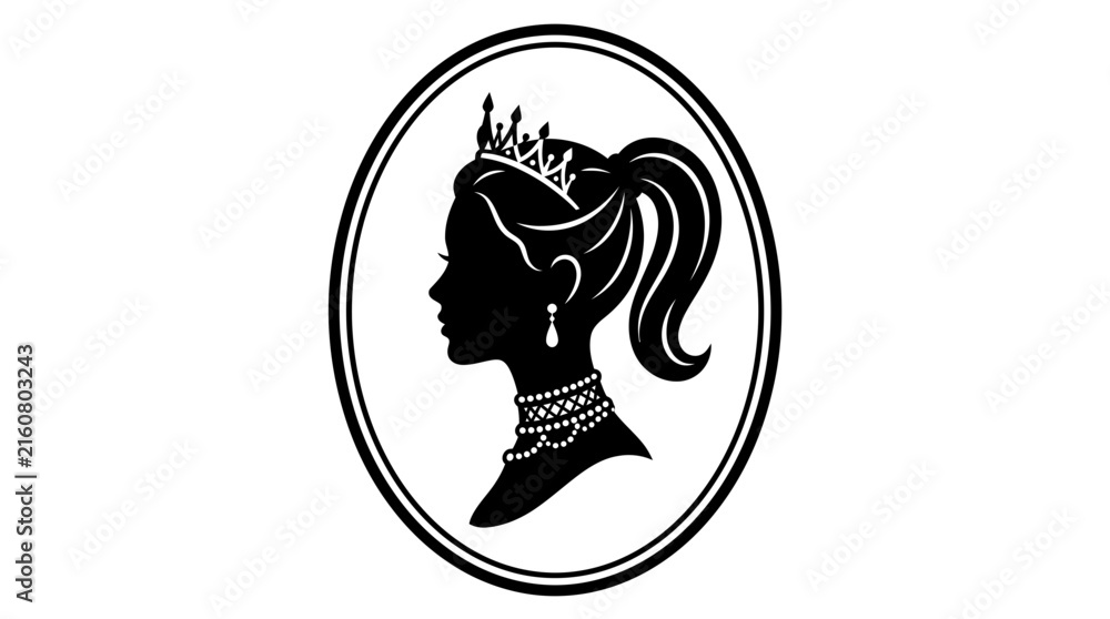 Fototapeta premium Elegant black silhouette vector illustration of a royal queen wearing a detailed sparkling diamond crown tiara