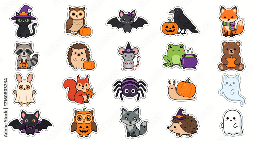 Fototapeta premium Cute Halloween Animals Set, Adorable Witch, Fox, Owl, Ghost, Spooky Creatures, Pumpkin, Spider, Cartoon Icon Collection, Vector Characters, Holiday Illustrations isolated on White Background