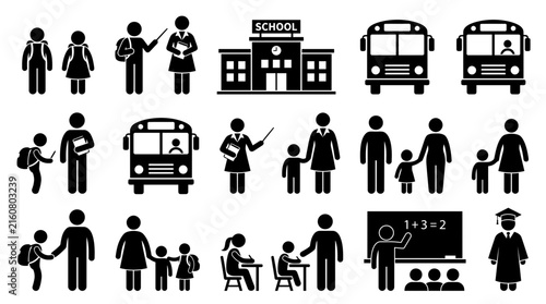 Minimalist black vector graphic collection showing various school icons and educational symbols for modern design projects