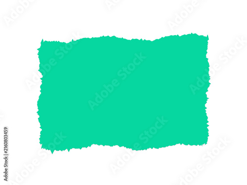 A vibrant green rectangular shape with a rough and torn paper edge effect