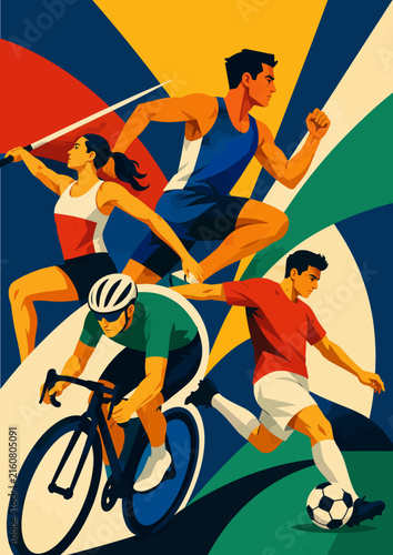 Картината върху платно 098-35Athletes compete in running, javelin, cycling, and soccer in a vibrant vec