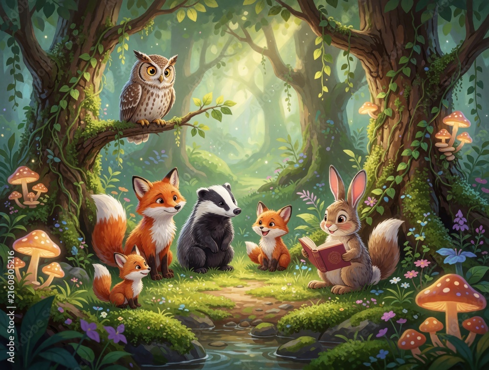 Naklejka premium Cute forest animals gather in magical woodland. Rabbit reads story book to fox, badger, owl, small kits. Enchanted fairy tale scene with mushrooms, trees, sunlight. Whimsical cartoon characters enjoy