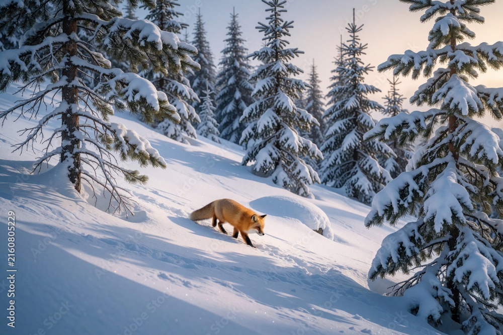 Naklejka premium A red fox walks on a snowy mountain slope among fir trees covered in snow. The animal moves through a pristine winter landscape with soft sunlight casting long shadows across the fresh powder.