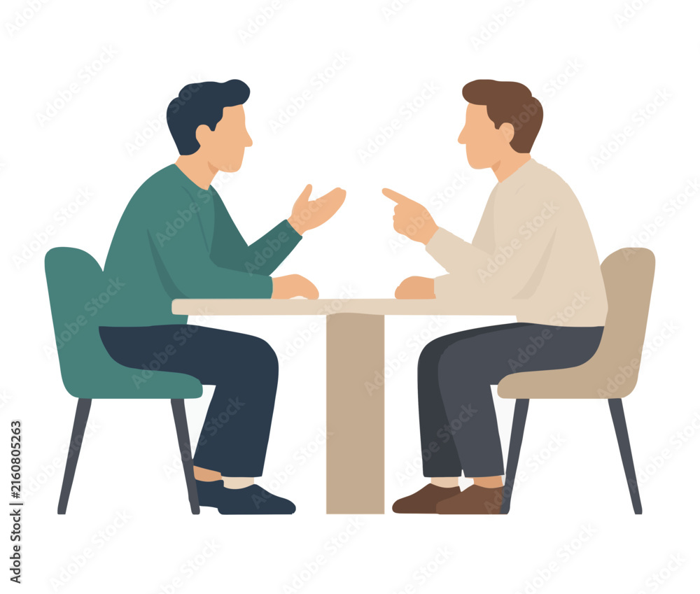 Obraz premium Two men sitting across a table engaged in a spirited debate, expressive hand gestures, flat cartoon style vector illustration with simple shapes, soft colors, and clean lines on isolated background