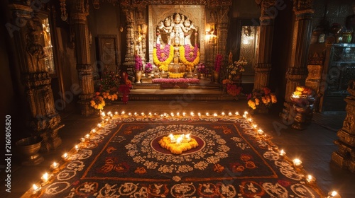 Ornate hindu temple interior with ganesha statue and diya lights display