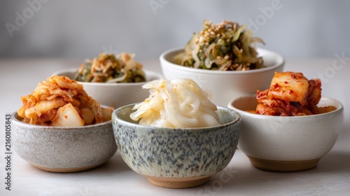 Assorted korean banchan dishes with kimchi and pickled vegetables in ceramic bowls