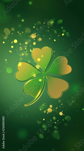 Vibrant green four-leaf clover with golden accents on emerald background
