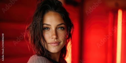 Close up portrait of a relaxed woman in warm red infrared sauna light for wellness spa banner and background design