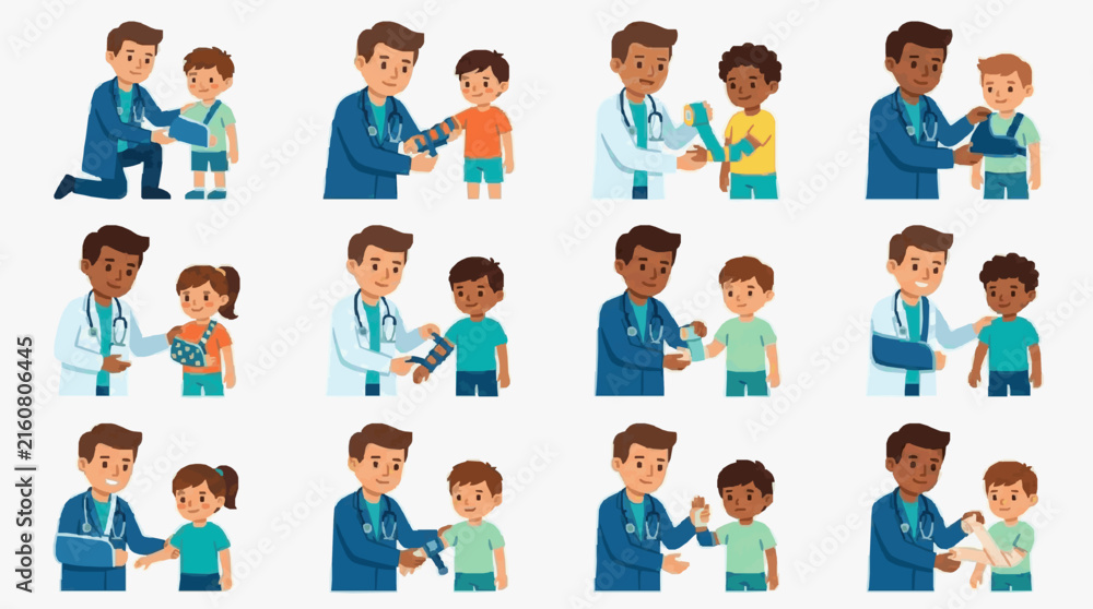 Fototapeta premium Sleek Collection of Diverse Doctors Caring for Children with Playful Medical Tools in Bright Blue and Colorful Outfits