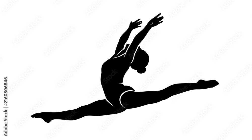 Fototapeta premium Dynamic vector illustration of a rhythmic gymnast performing a beautiful grand jete leap with elegance