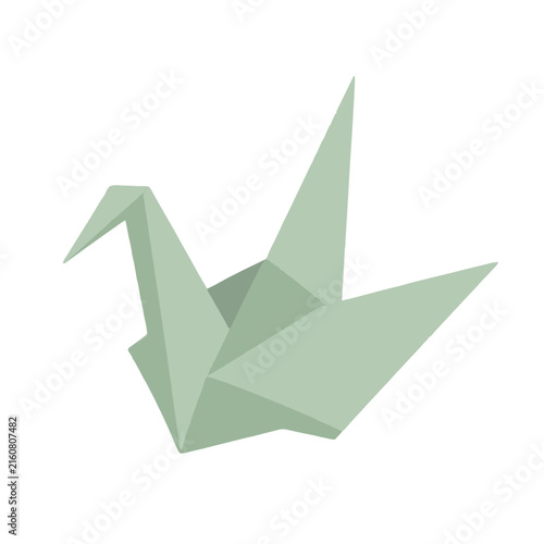 Hand-traced origami crane vector icon illustration with soft sage green folded paper folds in classic Japanese paper folding style on transparent background for crafts and design