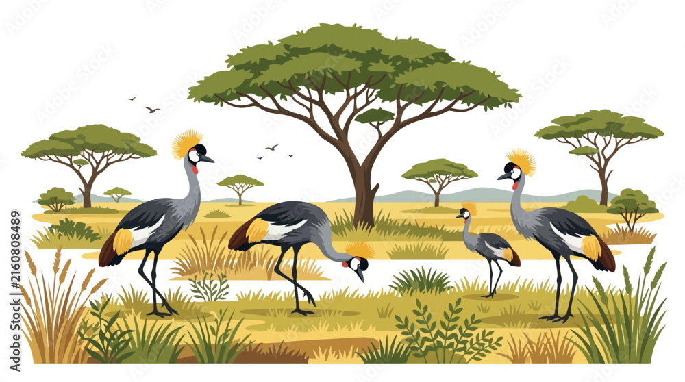 Obraz premium A group of four grey crowned cranes standing in a grassy savanna landscape.