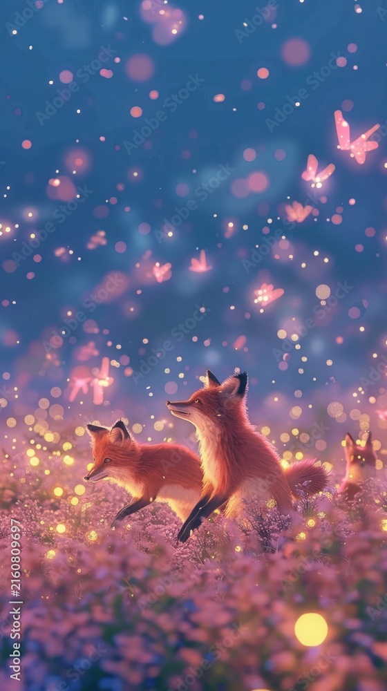 Naklejka premium Playful foxes chasing fireflies wildlife outdoors animal.