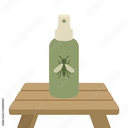 Hand-traced vector illustration of a green insect repellent spray bottle featuring a bug emblem, resting on a wooden picnic table, perfect for outdoor and summer themed graphic design projects
