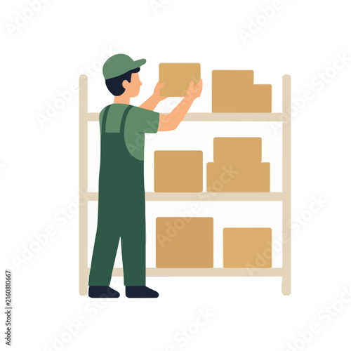 Hand-traced vector illustration of a warehouse worker wearing a green cap and overalls packing cardboard boxes onto tall wooden storage shelves in a clean, flat design style suitable for logistics