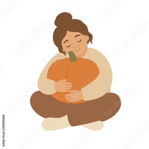 Serene woman hugging a pumpkin vector illustration, cozy autumn flat design character with brown bun hair and warm beige sweater in peaceful seasonal pose