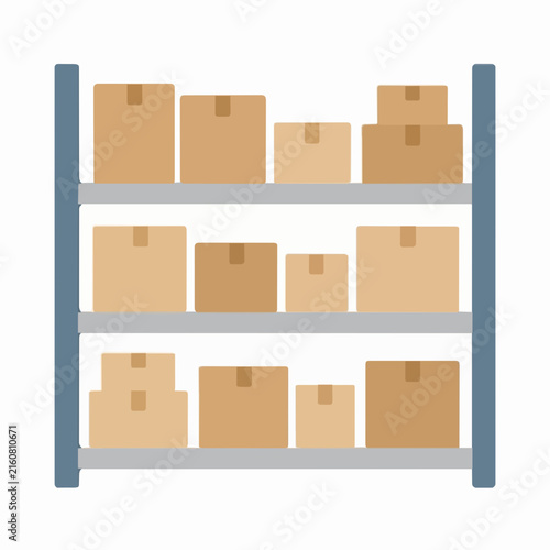Hand-traced vector illustration of a warehouse storage rack with three shelves neatly lined with cardboard shipping boxes of varying sizes in warm brown tones for logistics concepts