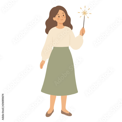 Cheerful woman holding glowing sparkler wand magic stick vector illustration flat design cheerful female character with brown hair and green skirt celebrating festive joy