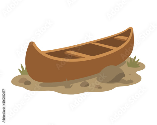 Hand-traced vector illustration of a rustic wooden canoe resting on a sandy lakeshore with scattered pebbles and tufts of grass, isolated flat design icon for outdoor and nature themes