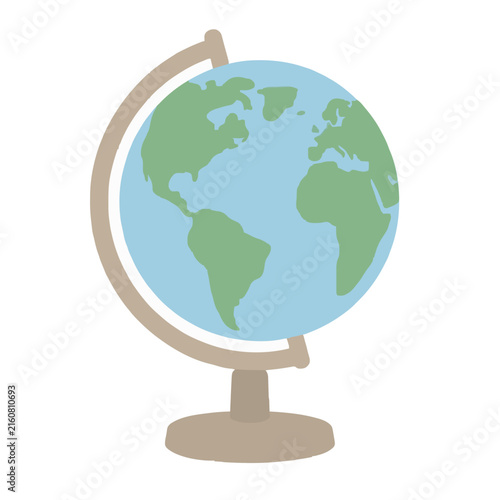 Hand-traced vector illustration of a classic world globe spinning on a beige wooden stand, showing continents in muted green against soft blue oceans, perfect for educational and travel themed designs