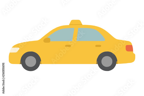 Yellow taxi cab side view hand-drawn vector illustration with taxi sign on roof, soft blue tinted windows, gray wheels, white headlight, and red taillight on clean white background
