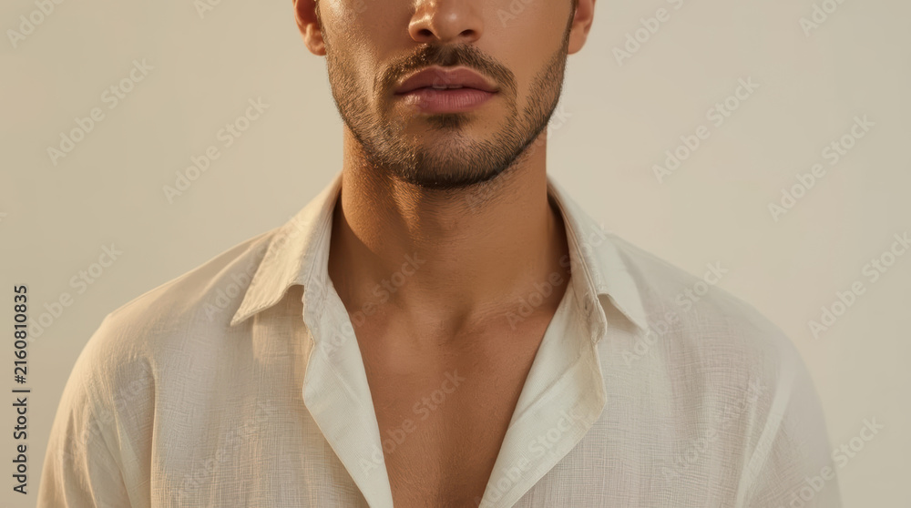 Naklejka premium Confident man jawline neck upper chest white shirt portrait