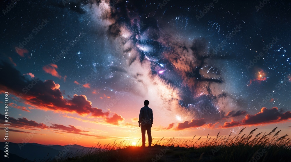 Fototapeta premium Man stands on hill looking at stars and milky way galaxy. Colorful clouds and sunset glow below vast night sky expanse. He feels deep cosmic connection, inspiration, and hope.