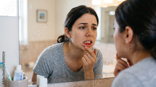 Woman checking bleeding gums in mirror. Patient examining oral health and tooth pain.