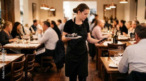 Female server in black apron balances white plate of silverware while glancing at smartphone inside warm rustic restaurant with diners at wooden tables
