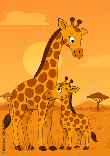 illustrations of giraffe in the savannah at sunset