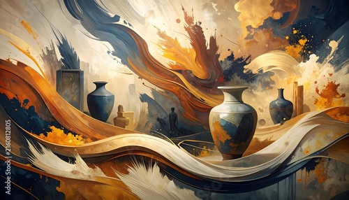 Abstract watercolor painting with pottery vases and flowing dynamic brushstrokes in warm tones.