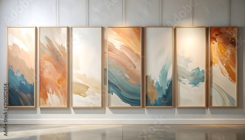 Modern abstract art gallery wall with large vertical paintings.