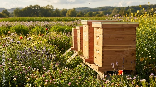 Traditional wooden beehives in a vibrant field of blooming wildflowers, busy with bees, showcasing sustainable beekeeping and the natural production of honey