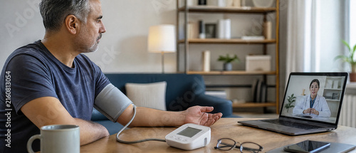 Middle aged man attending remote medical consultation at home with doctor on laptop, blood pressure monitor, smartphone, eyeglasses, and calm expression