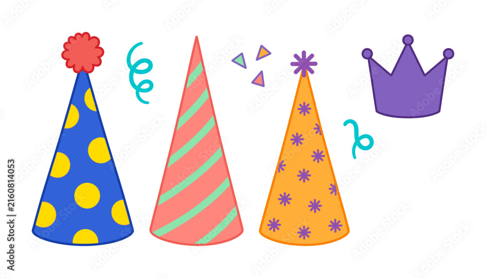 Obraz premium Colorful Birthday Party Hats and Tiara Crown Vector Set Featuring Polka Dots Stripes Confetti and Streamers for Celebration and Event Graphic Designs