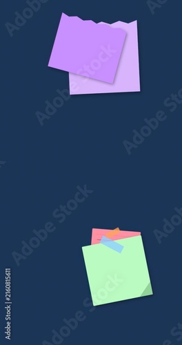 Colorful sticky notes and paper sheets attached with tape on a blue background for office organization and creative planning tasks in a simple flat vector illustration style