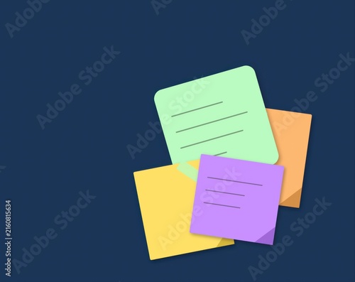 Colorful sticky notes with written lines on a dark blue background for office organization and creative planning tasks in a flat graphic design style for work projects