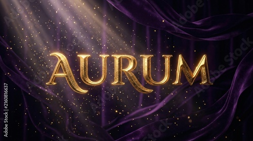 Golden Aurum 3D typography on luxurious purple velvet curtain background with dramatic spotlights and sparkling gold dust.