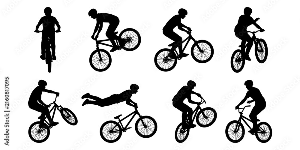 Naklejka premium Set of black silhouettes of cyclists performing stunts on mountain bikes and bmx