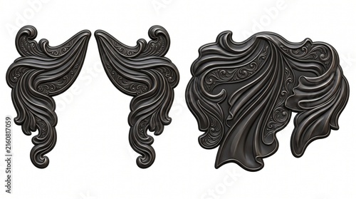 Set of three dark gothic architectural ornaments with detailed filigree and flowing leaf motifs, rendered in a matte metallic finish against a clean white backdrop for design work.