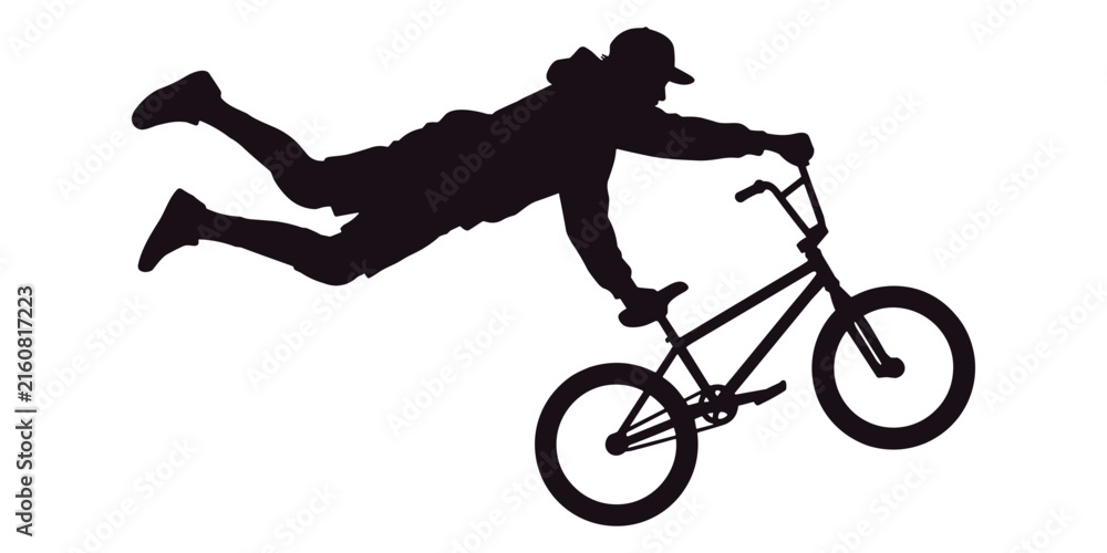 Fototapeta premium Silhouette of a bmx rider performing a superman trick on a white background cyclist