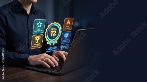 Enterprise gamification dashboard showing employee progress, achievement badges, team ranking, XP rewards, performance motivation, and workplace engagement technology with clean copy space